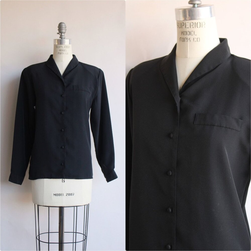 Vintage 1990s Blouse, Neil Martin Black Long Sleeve Shirt with Shoulder Pads